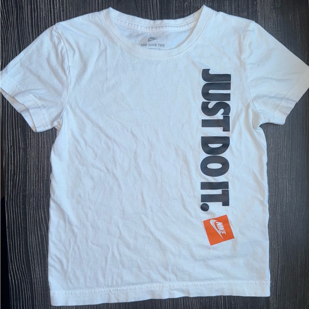 Nike Kids White Tee with Black and Orange Accents
